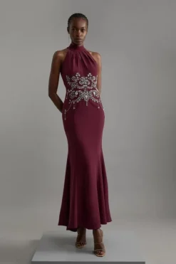 Crystal Embellished Halter Maxi Dress