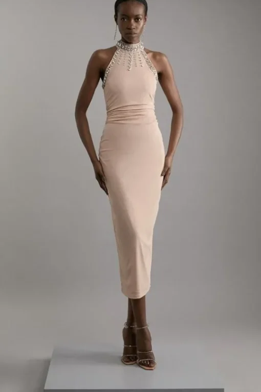 Crystal Embellished Power Mesh Jersey Midi Dress