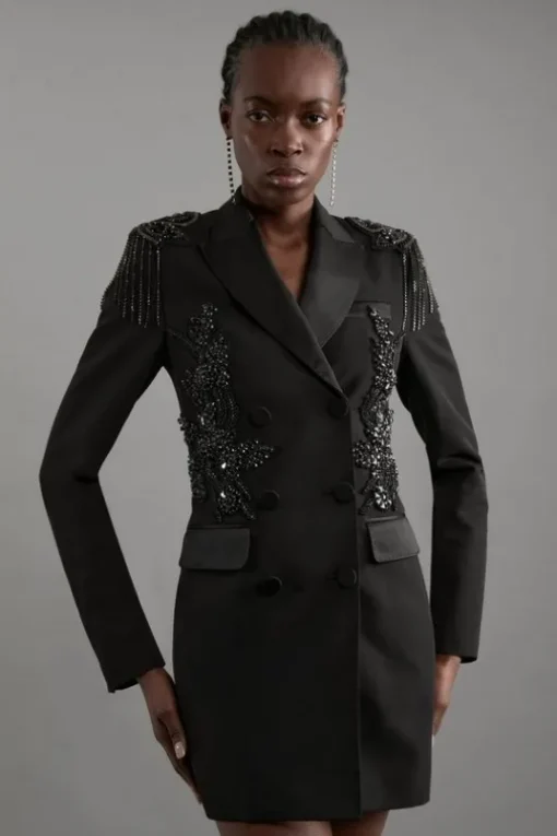 Crystal Embellished Tailored Tuxedo Blazer Mini Dress