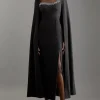 Crystal Embellished Viscose Crepe Woven Cape Maxi Dress