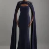 Crystal Embellished Viscose Crepe Maxi Dress With Detachable Cape