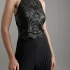 Cutwork Pu Halter Neck Pleated Wide Leg Tailored Jumpsuit