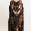 Dark Floral Print Woven Pleated Cape Maxi Dress