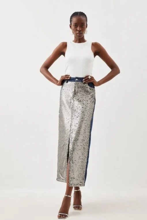 Denim & Sequin Maxi Skirt