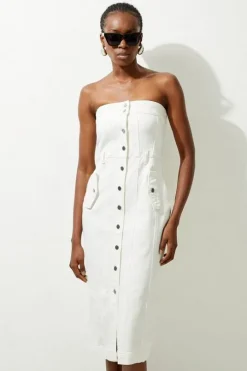 Denim Bandeau Button Through Maxi Dress