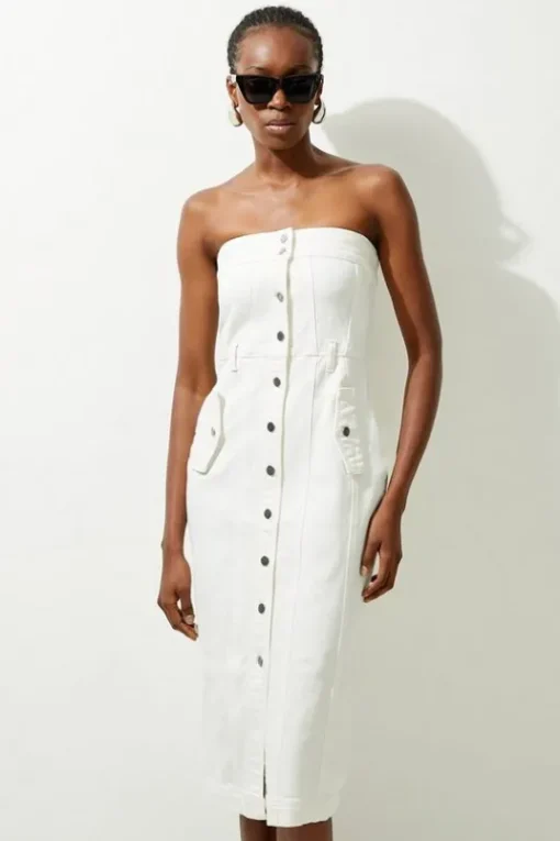 Denim Bandeau Button Through Maxi Dress