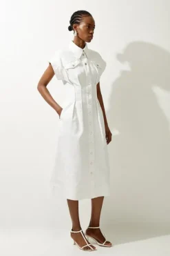 Denim Button Through Darted Waist Maxi Shirt Dress