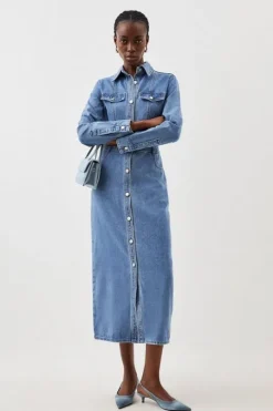 Denim Long Sleeve Midi Shirt Dress