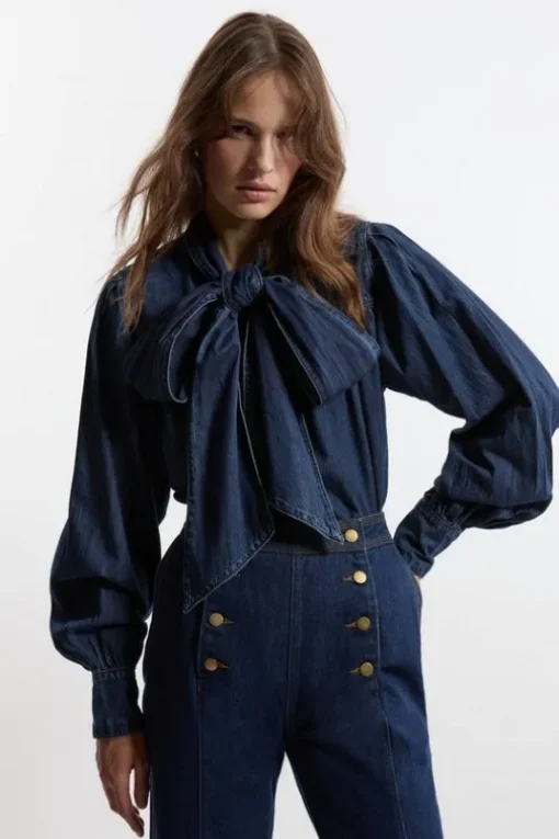Denim Pussybow Denim Blouse