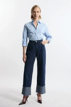 Denim Straight Leg Turn Up Hem Jeans