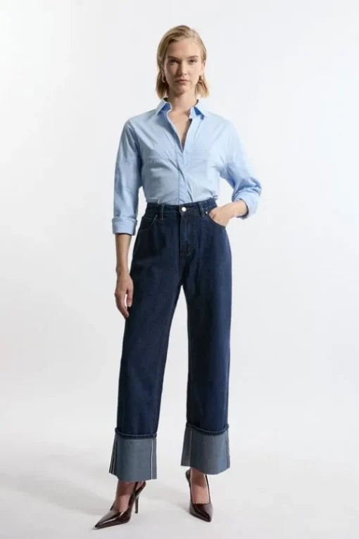 Denim Straight Leg Turn Up Hem Jeans