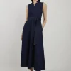 Denim Tailored Notch Neck Belted Fluid Midi Dress