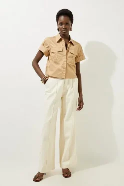 Denim Waistband Detail Wide Leg Pants