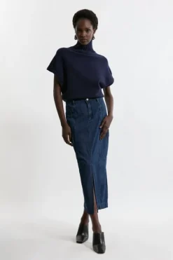 Denim Woven Cargo Pocket Tailored Midi Skirt