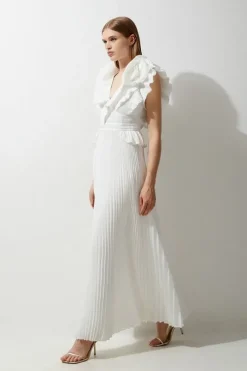Drama Pleat Ruffle Rosette Woven Maxi Dress