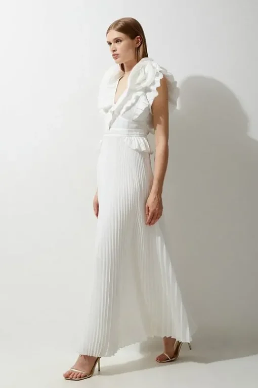 Drama Pleat Ruffle Rosette Woven Maxi Dress