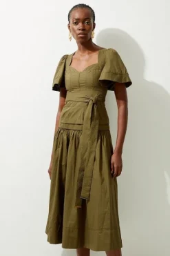 Drama Short Sleeve Tie Waist Woven Midi Dress
