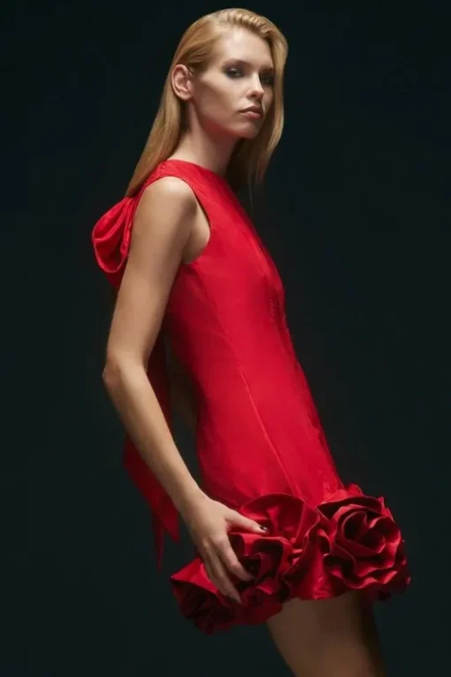 Drama Taffeta Rosette Woven Mini Dress With Bow Detail