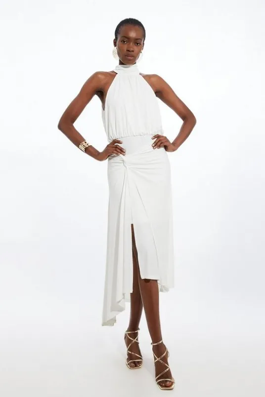 Drapey Crepe Jersey Halter Maxi Dress