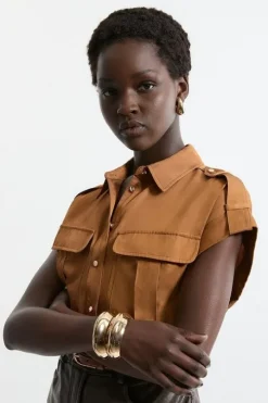 Drapey Polished Twill Utility Pocket Detail Woven Shirt