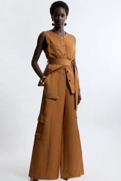 Drapey Polished Twill Utility Cargo Wide Leg Woven Pants