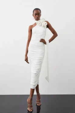 Drapey Ruched Jersey Rosette Midi Dress