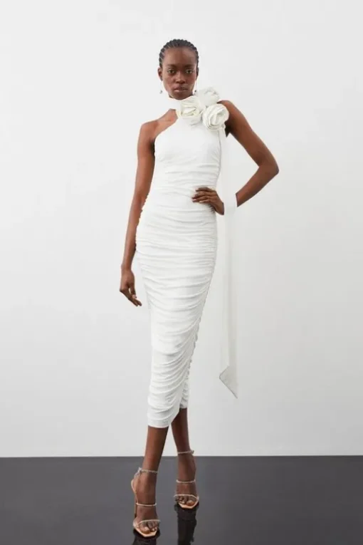 Drapey Ruched Jersey Rosette Midi Dress