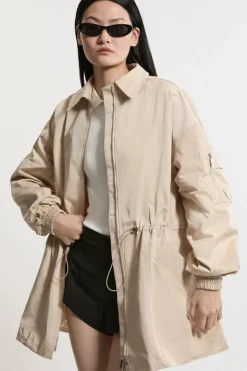 Drawstring Waist Collared Zip Through Mid Length Jacket