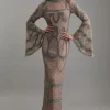 Embellished And Beaded Long Sleeve Woven Maxi Dress