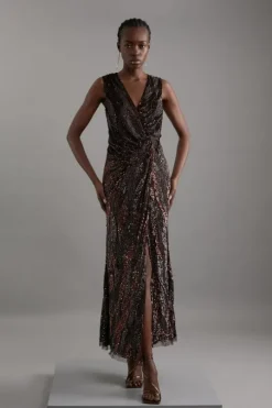 Embellished Plunge Beaded Woven Maxi Dress