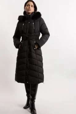 Faux Down Padded Belted Hooded Puffer Coat