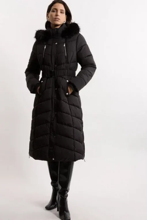 Faux Down Padded Belted Hooded Puffer Coat