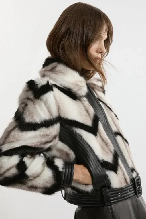 Faux Fur Pu Panelled Stripe Belted Cropped Jacket