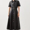 Faux Leather Belted Midi Shirt Dress