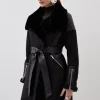 Faux Shearling Biker Longline Belted Coat