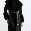 Faux Shearling Collar & Cuff Belted Midi Coat