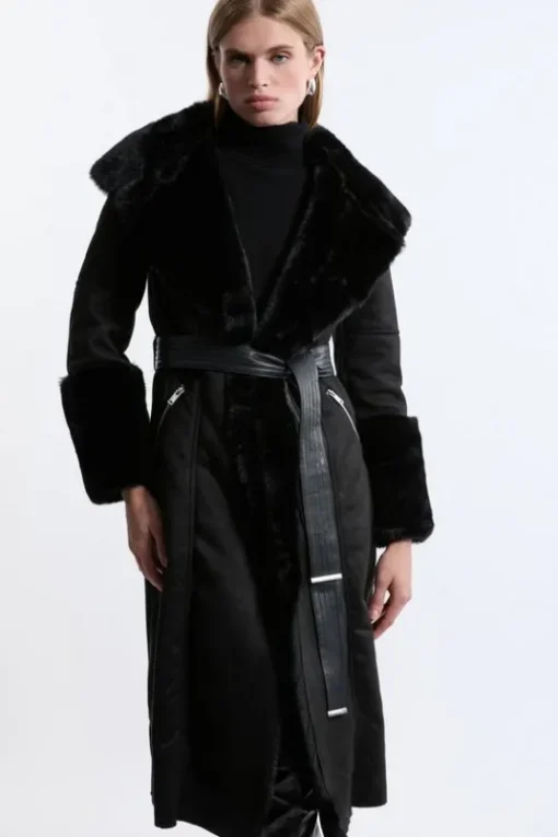 Faux Shearling Collar & Cuff Belted Midi Coat
