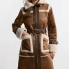 Faux Shearling Contrast Trim Hooded Midi Coat