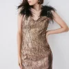 Feather Strap Jacquard Mini Dress