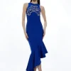 Figure Form Bandage Embellished Asymmetric Hem Knit Dress