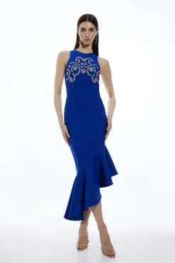 Figure Form Bandage Embellished Asymmetric Hem Knit Dress