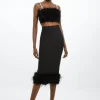 Figure Form Bandage Knit Feather Hem Midi Skirt