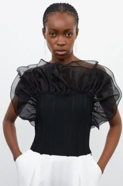 Figure Form Bandage Knit Organza Frill Detail Top