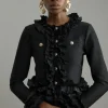 Figure Form Bandage Knit Jacket With Woven Ruffle Trim
