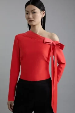 Figure Form Bandage Knit Bow Detail Asymmetric Top