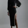 Figure Form Bandage Knit Embellished And Chiffon Sleeve Midaxi Dress