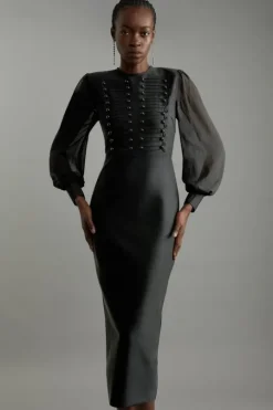 Figure Form Bandage Knit Chiffon Sleeve Military Trim Midaxi Dress