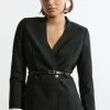 Figure Form Bandage Knit Woven Cuff And Belted Jacket