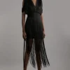 Figure Form Bandage Knit Fringe Detail Dress