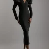 Figure Form Bandage Knit Silk Ruffle Shoulder Detail Maxi Dress